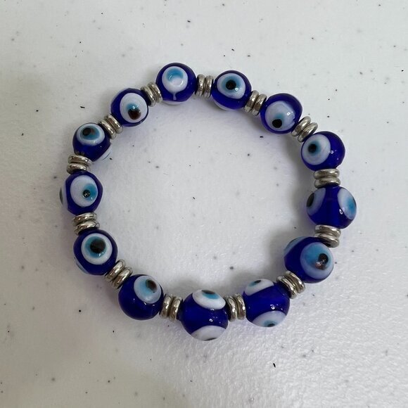 Blue Evil Eye Bead Bracelet For Protection Glass Beaded Stretch Silver Tone - Picture 1 of 6